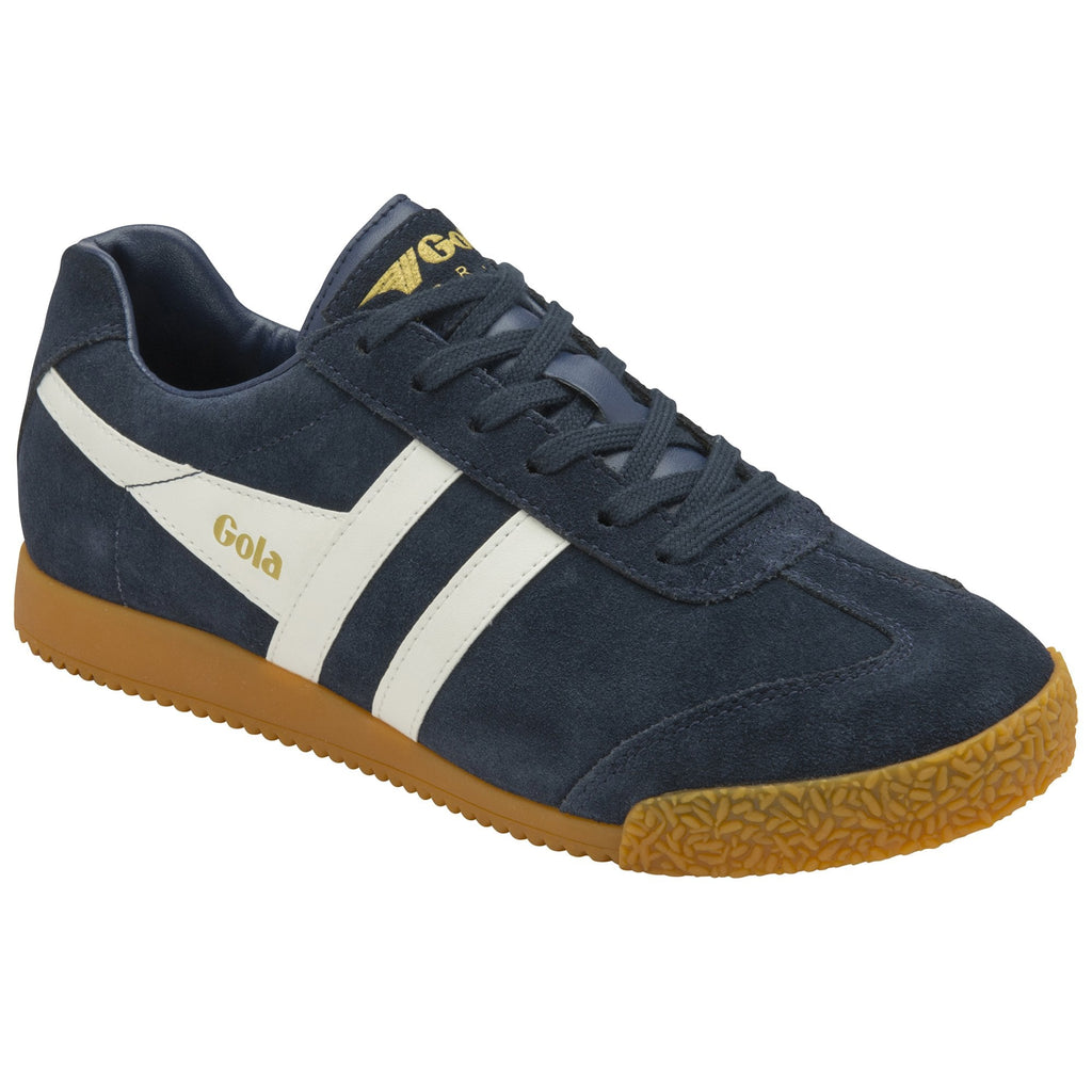 A single Gola men's Harrier sneaker in navy with white stripes, angled slightly.