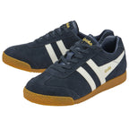 A pair of Gola men's Harrier sneakers in navy with white stripes and tan soles.