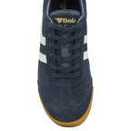 A top-down view of a single navy Gola men's Harrier sneaker with white stripes.