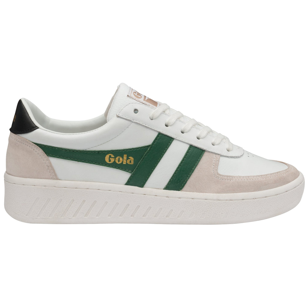 Side profile of a Gola women's white, green, and tan low-top sneaker with a black heel.