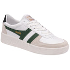 An eye-level side profile of a Gola women's white, green, and tan low-top sneaker.