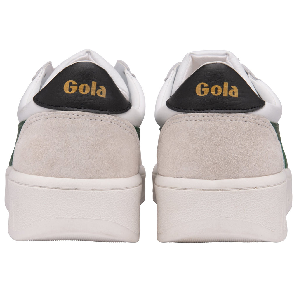 A back view of a pair of Gola women's white, green, and tan low-top sneakers.