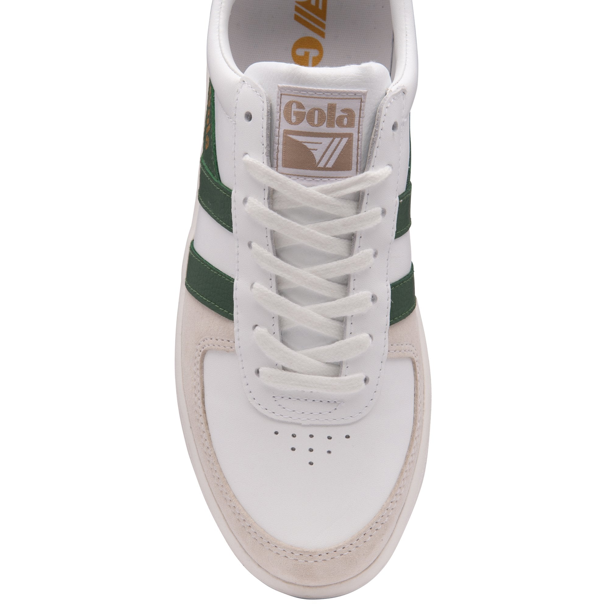 A top-down view of a Gola women's white, green, and tan low-top sneaker.