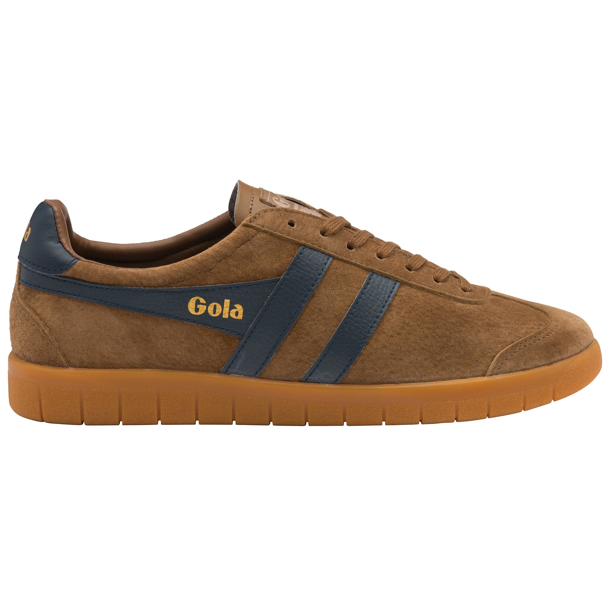 Side profile of a Gola men's shoe in a warm brown suede with navy stripes.