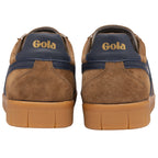 Back view of a pair of Gola men's shoes, showing the brown suede and Gola logo.