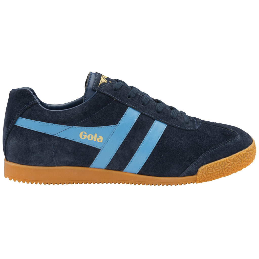 Side profile of a Gola Harrier suede sneaker in navy with light blue stripes and a gum sole.