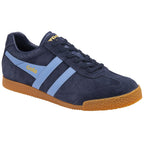 Three-quarter view of a Gola Harrier suede sneaker in navy with light blue stripes and a gum sole.