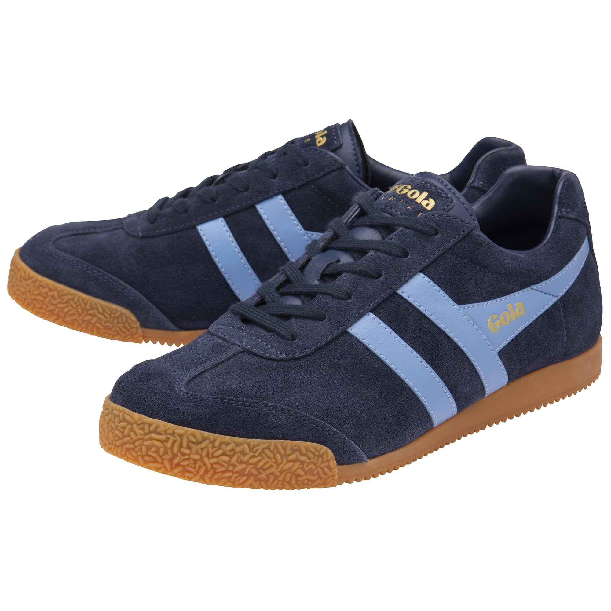 Pair of Gola Harrier suede sneakers in navy with light blue stripes and gum soles.