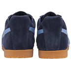 Back view of a pair of Gola Harrier suede sneakers in navy with light blue stripes.