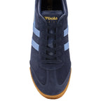 Top-down view of a Gola Harrier suede sneaker in navy with light blue stripes and gum sole.