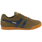 A single Gola men's Harrier sneaker, olive green with blue stripes, viewed from the side.