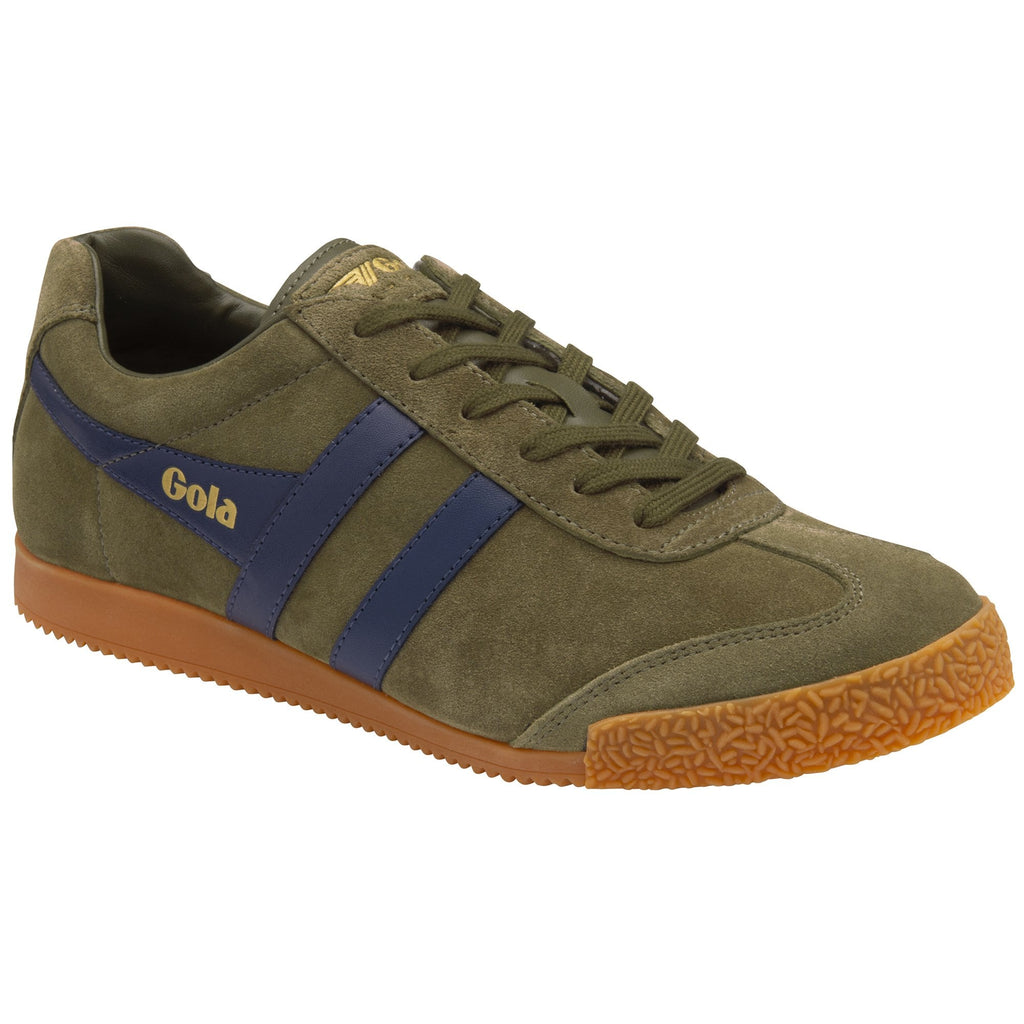 A single Gola men's Harrier sneaker, olive green with blue stripes, viewed from an angle.