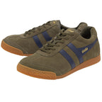 A pair of Gola men's Harrier sneakers, olive green with blue stripes.