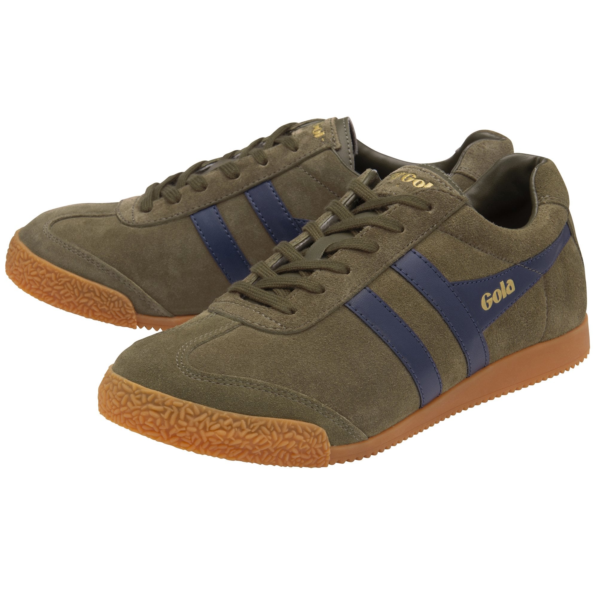 A pair of Gola men's Harrier sneakers, olive green with blue stripes.