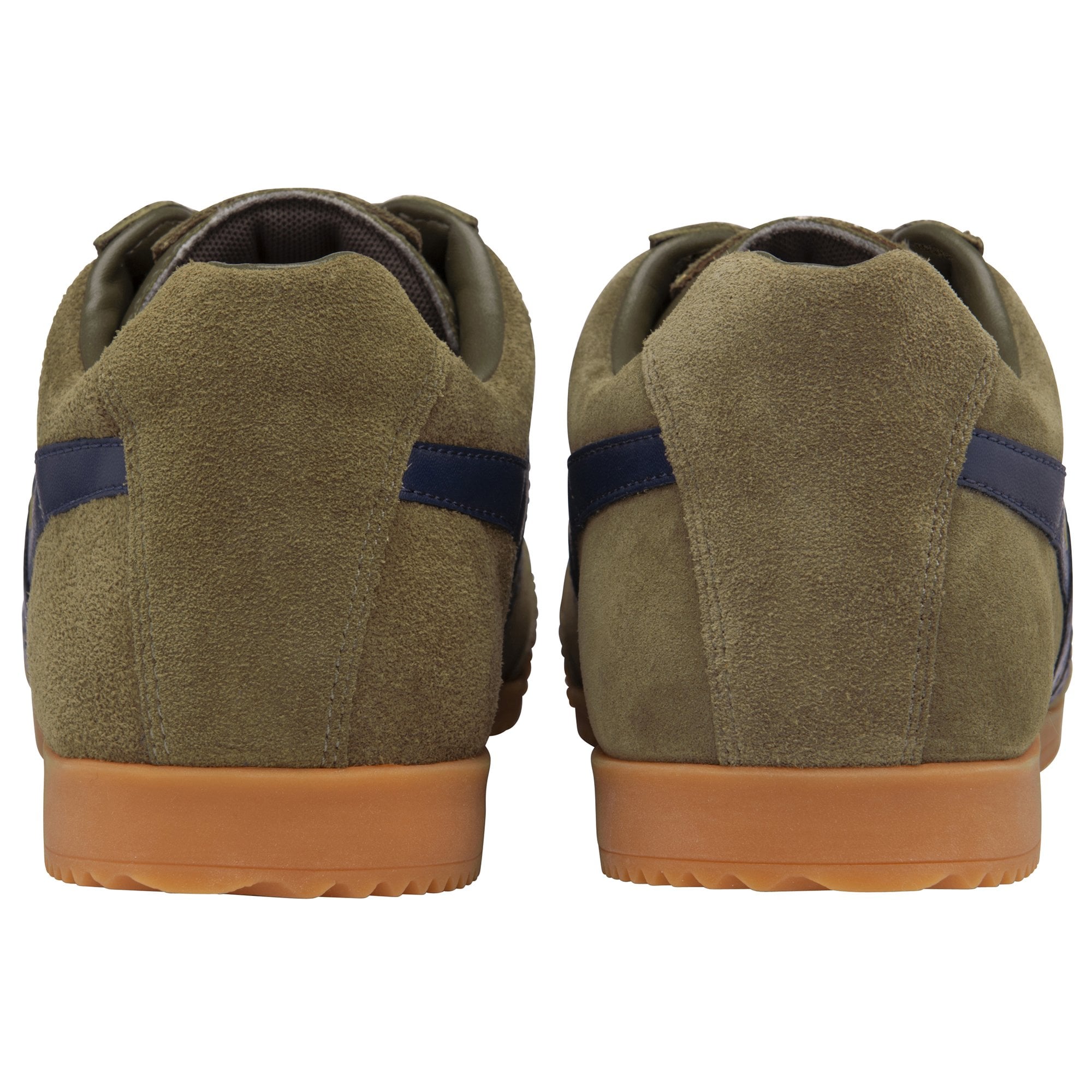 The rear view of a pair of Gola men's Harrier sneakers, olive green with blue stripes.