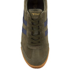 The top-down view of a single Gola men's Harrier sneaker, olive green with blue stripes.