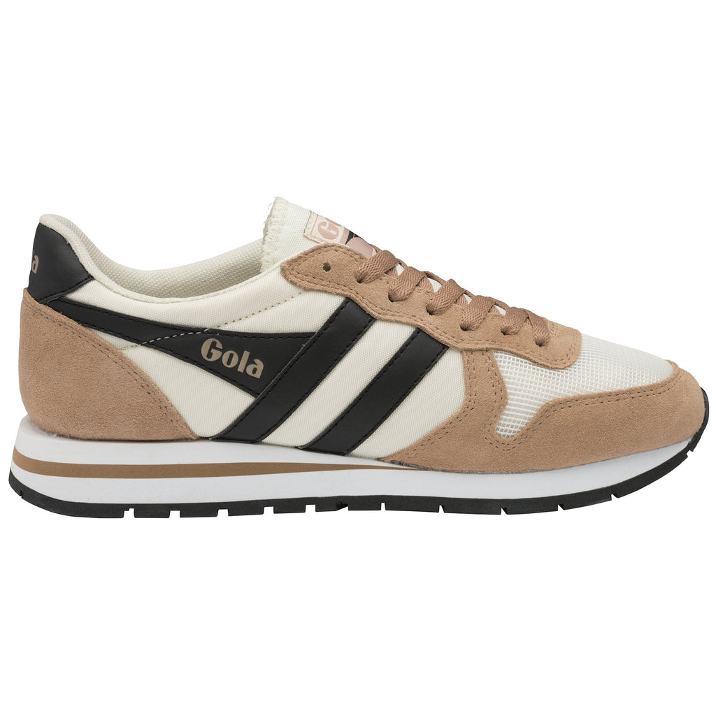 Side view of a single Gola men's sneaker in tan and off-white with black stripes.