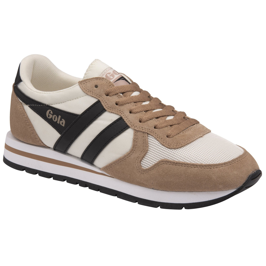 Angled side view of a single Gola men's sneaker in tan and off-white with black stripes.