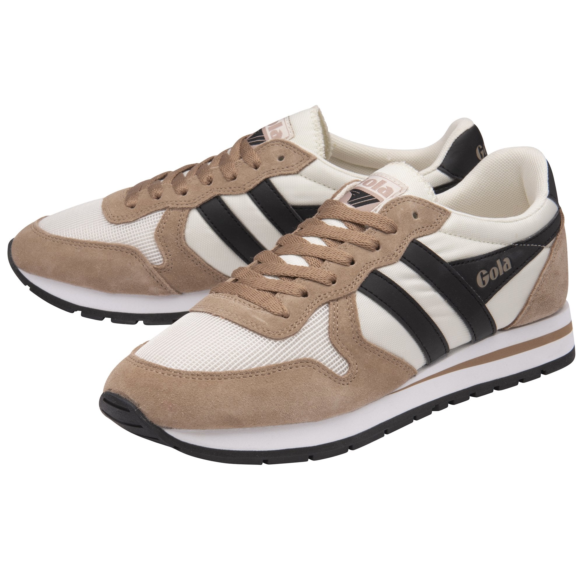 Pair of Gola men's sneakers in tan and off-white with black stripes.