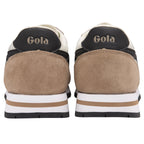 Rear view of a pair of Gola men's sneakers in tan and off-white with black stripes.