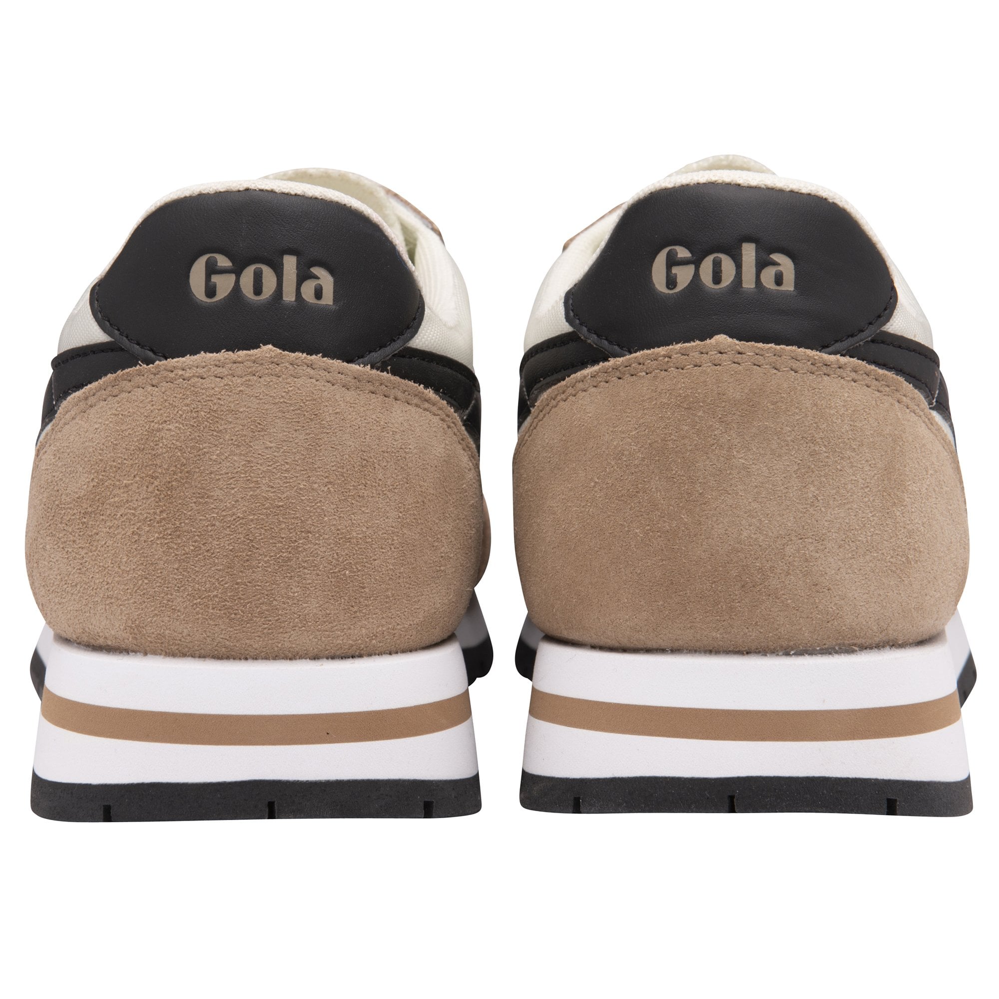 Rear view of a pair of Gola men's sneakers in tan and off-white with black stripes.