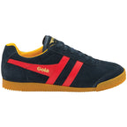 A single Gola Harrier trainer in navy with red stripes and a yellow inner, facing right.
