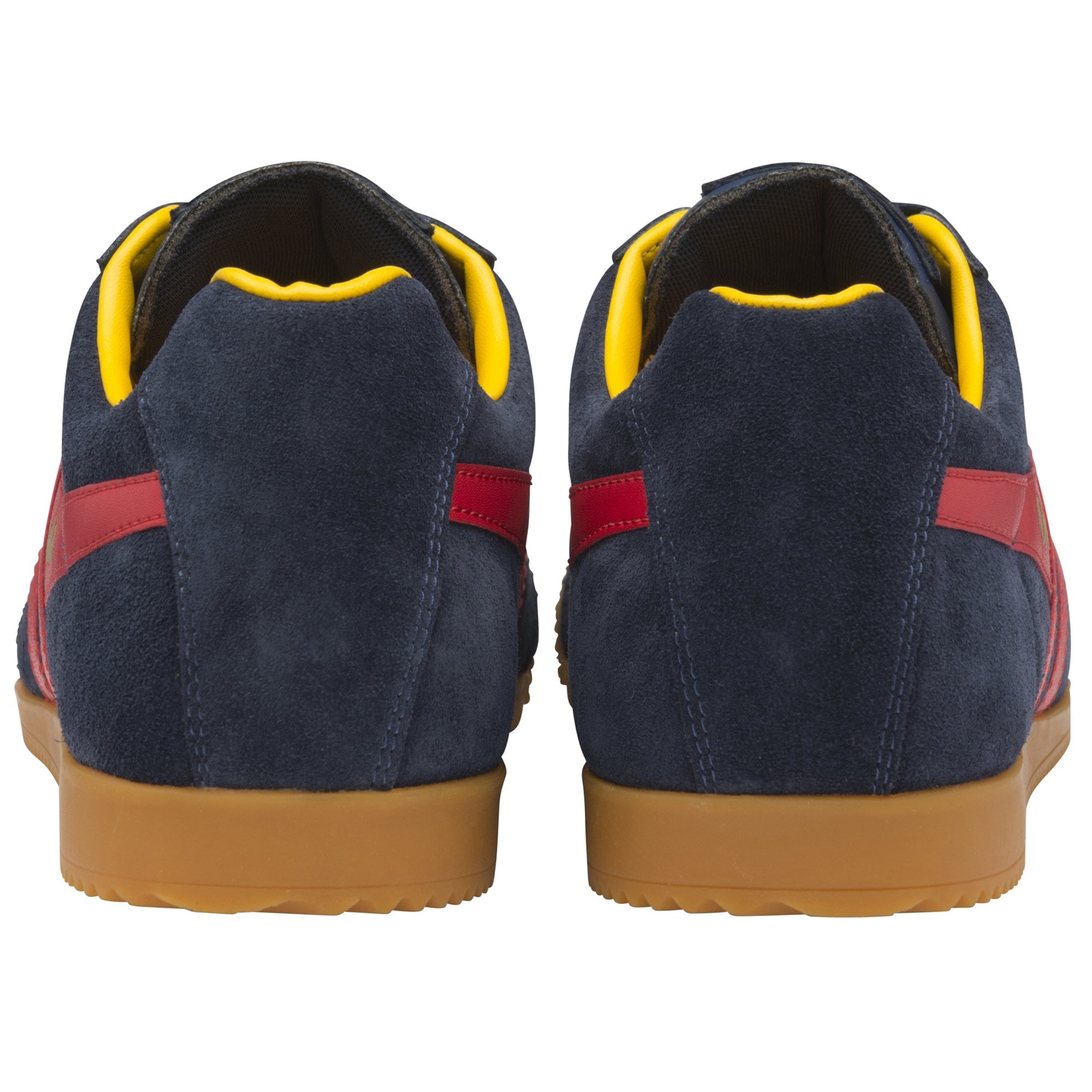 The rear view of two Gola Harrier trainers in navy, red, and yellow.