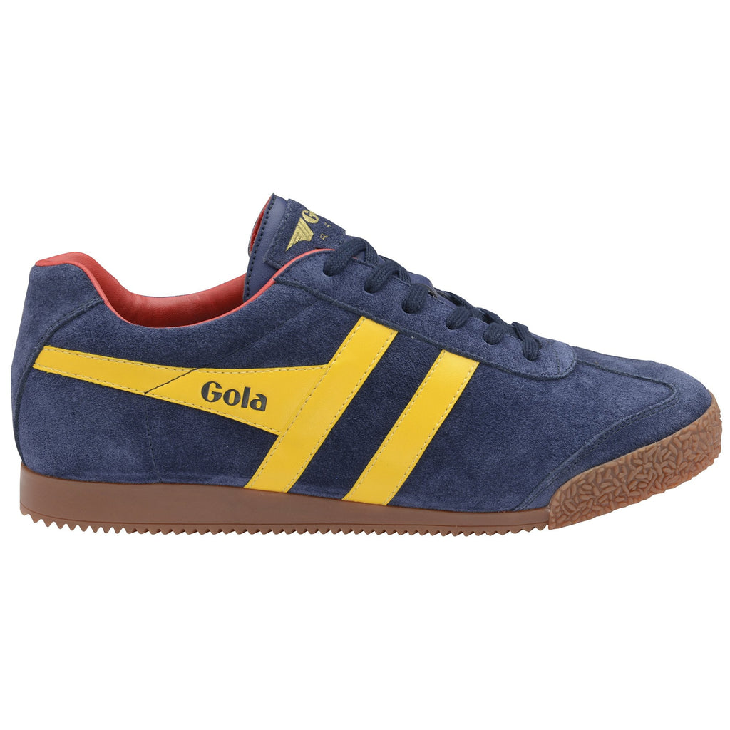 Side profile of a Gola Harrier suede trainer in navy with yellow stripes and a gum sole.