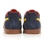 Rear view of a pair of Gola Harrier suede trainers in navy with yellow stripes.