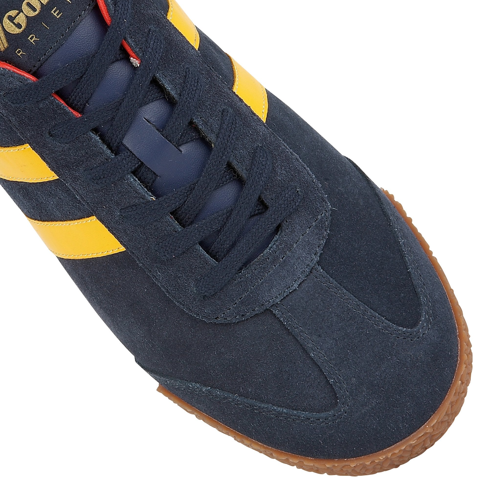 Close-up of the toe and laces of a Gola Harrier suede trainer in navy with yellow stripes.