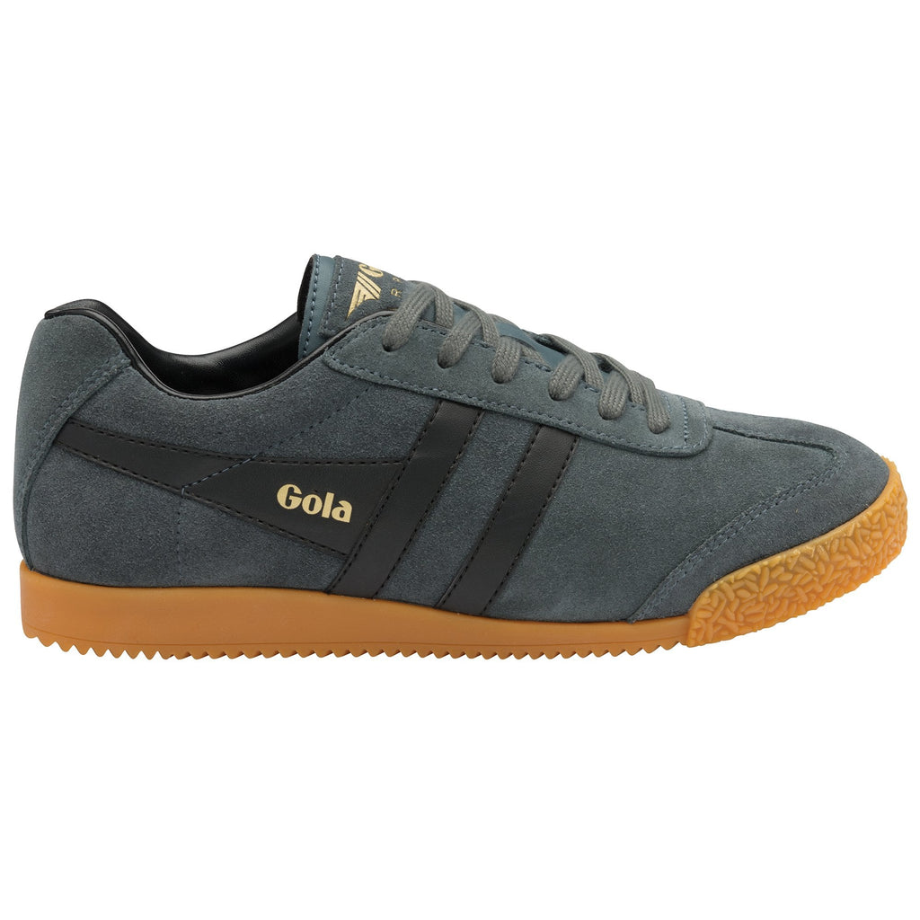 Side profile of a grey suede Gola sneaker with black stripes and a gum sole.