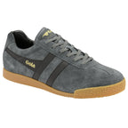 Front-side view of a grey suede Gola sneaker with black stripes and a gum sole.