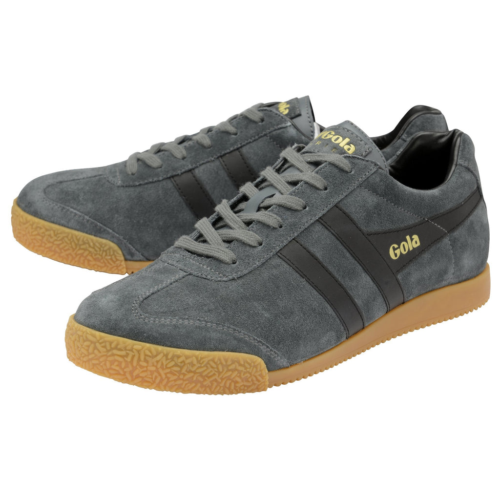 Pair of Gola Harrier suede trainers in dark grey with black stripes and gum sole