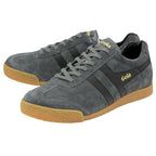 Pair of Gola Harrier suede trainers in dark grey with black stripes and gum sole