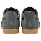 Rear view of two grey suede Gola sneakers with black stripes and gum soles.