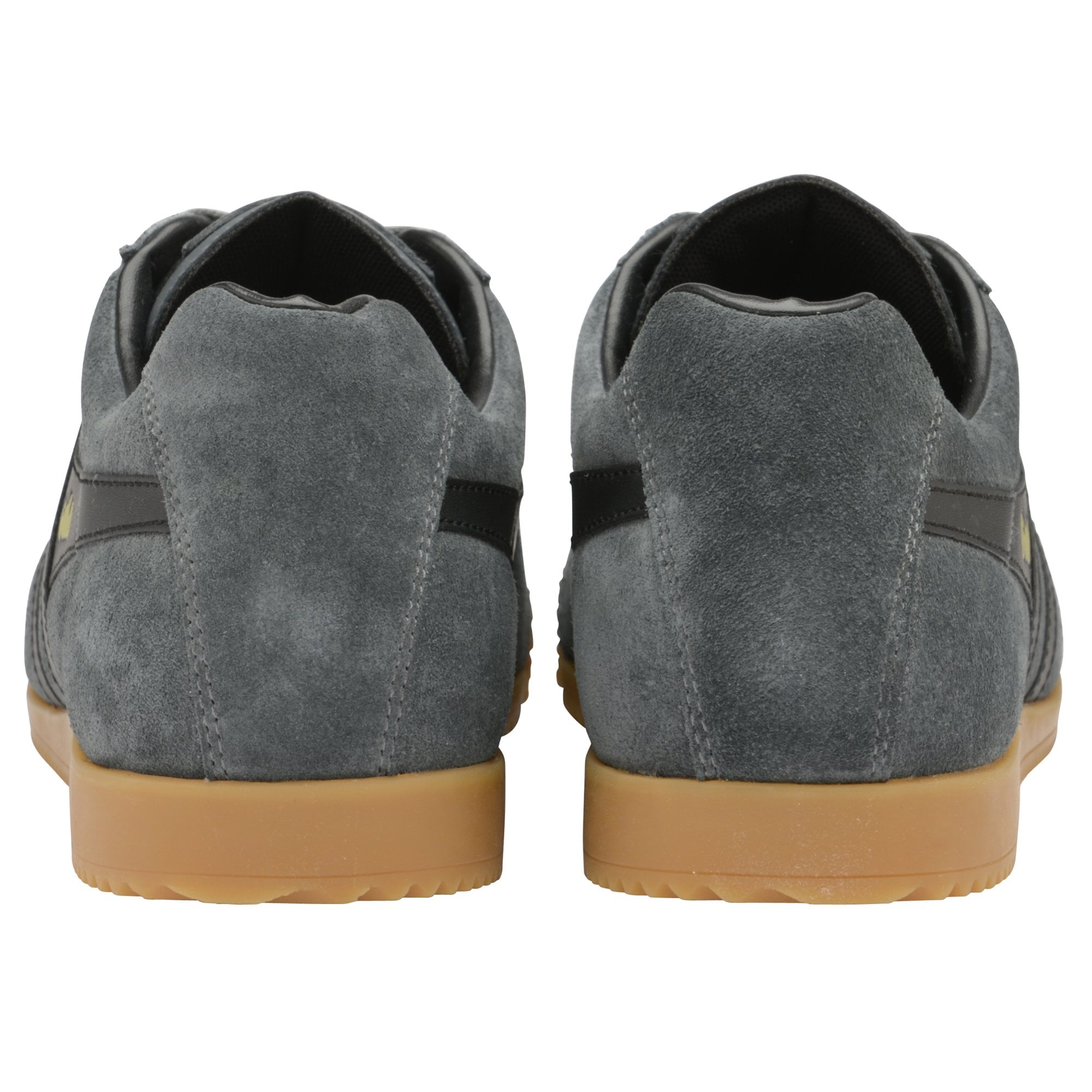 Rear view of two grey suede Gola sneakers with black stripes and gum soles.