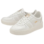 Pair of white Gola sneakers with gold branding, angled on a white background.