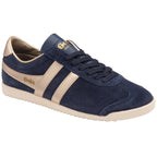 Angled side view of a single Gola Bullet trainer in navy suede with gold stripes and heel.