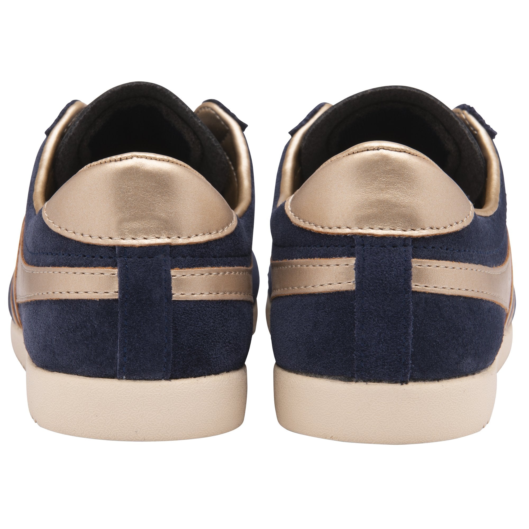 Rear view of a pair of Gola Bullet trainers in navy suede with gold heels and stripes.
