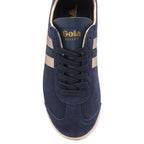Top-down view of a Gola Bullet trainer in navy suede with gold stripes and branding.