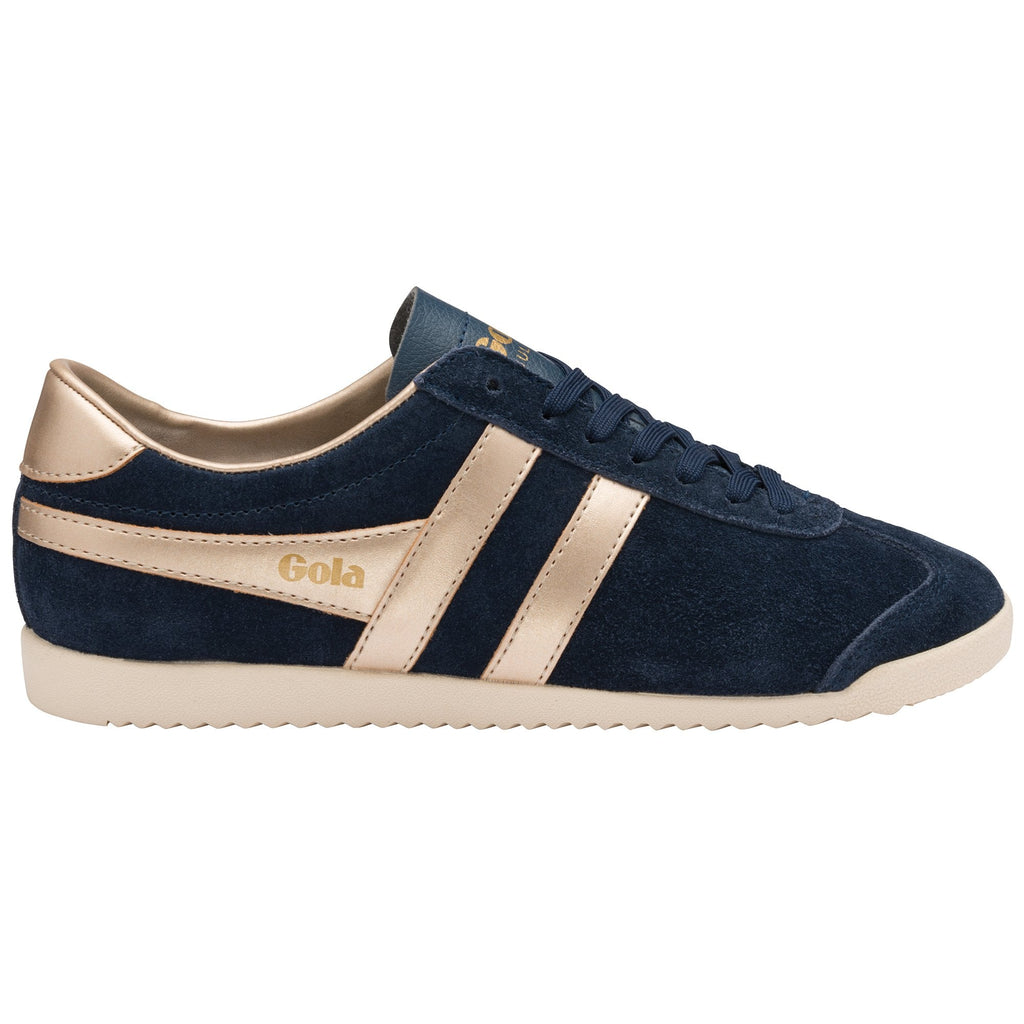 Side view of a single Gola Bullet trainer in navy suede with gold stripes and heel.