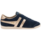 Side view of a single Gola Bullet trainer in navy suede with gold stripes and heel.