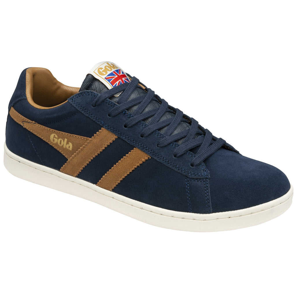A single men's navy blue suede sneaker with brown stripes and white sole in an angled view.