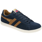 A single men's navy blue suede sneaker with brown stripes and white sole in an angled view.