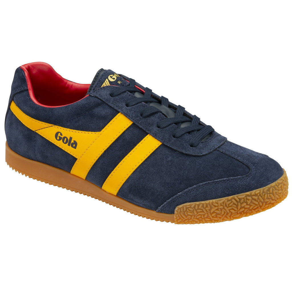 Gola men's Harrier suede trainers in navy/sun colorway, angled view.