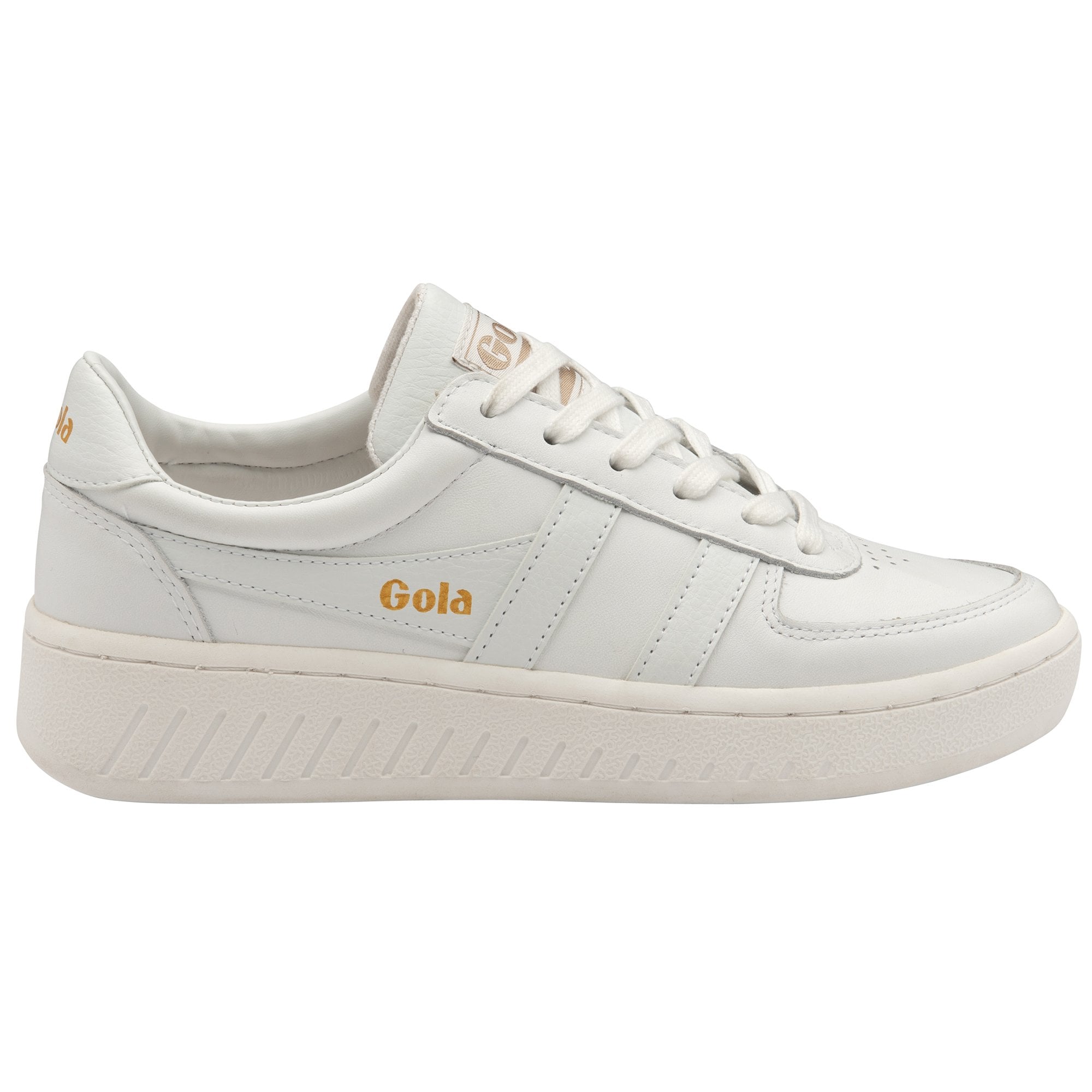 Side profile of a white Gola sneaker with gold branding on a white background.