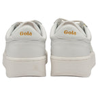 Back view of two white Gola sneakers with gold branding on a white background.