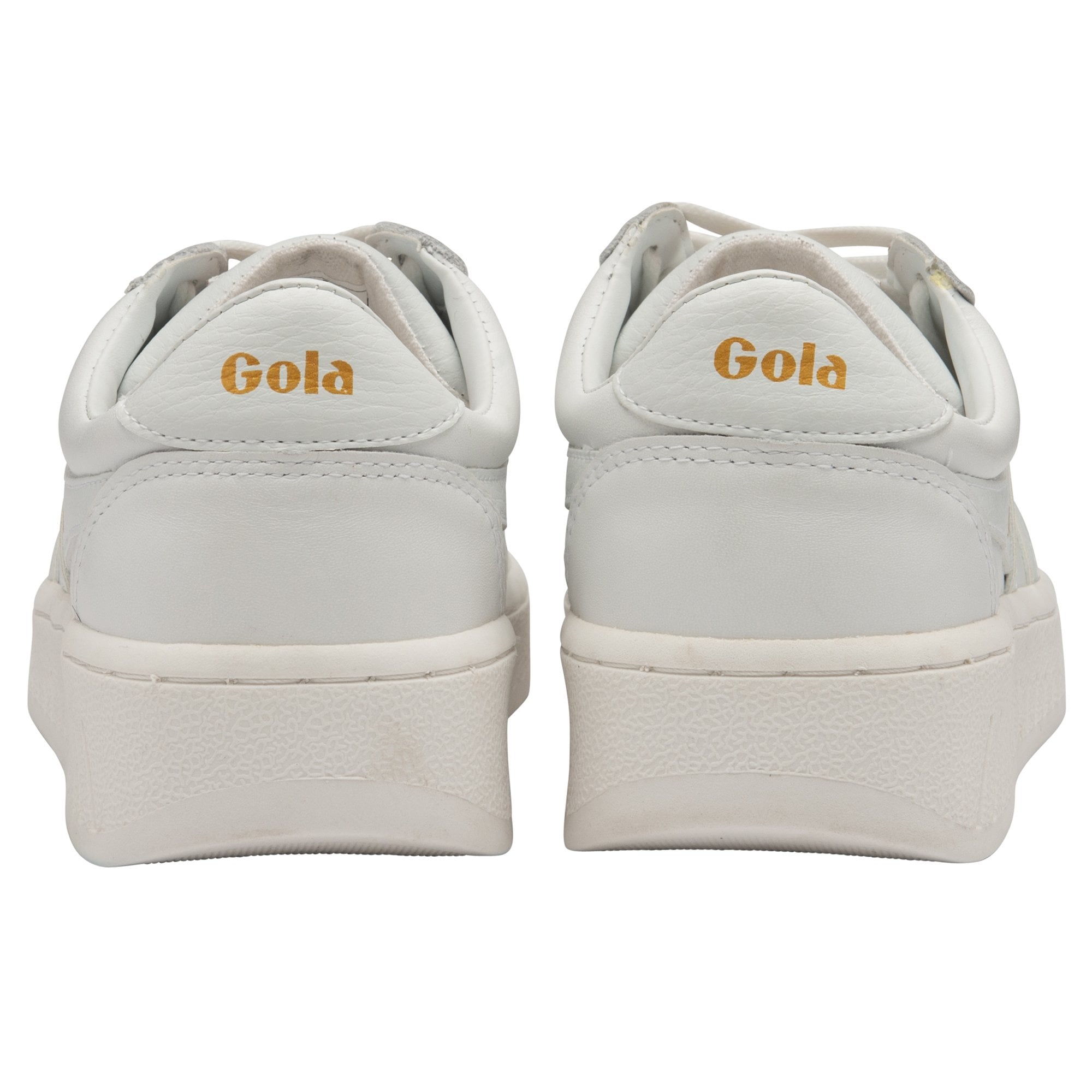 Back view of two white Gola sneakers with gold branding on a white background.
