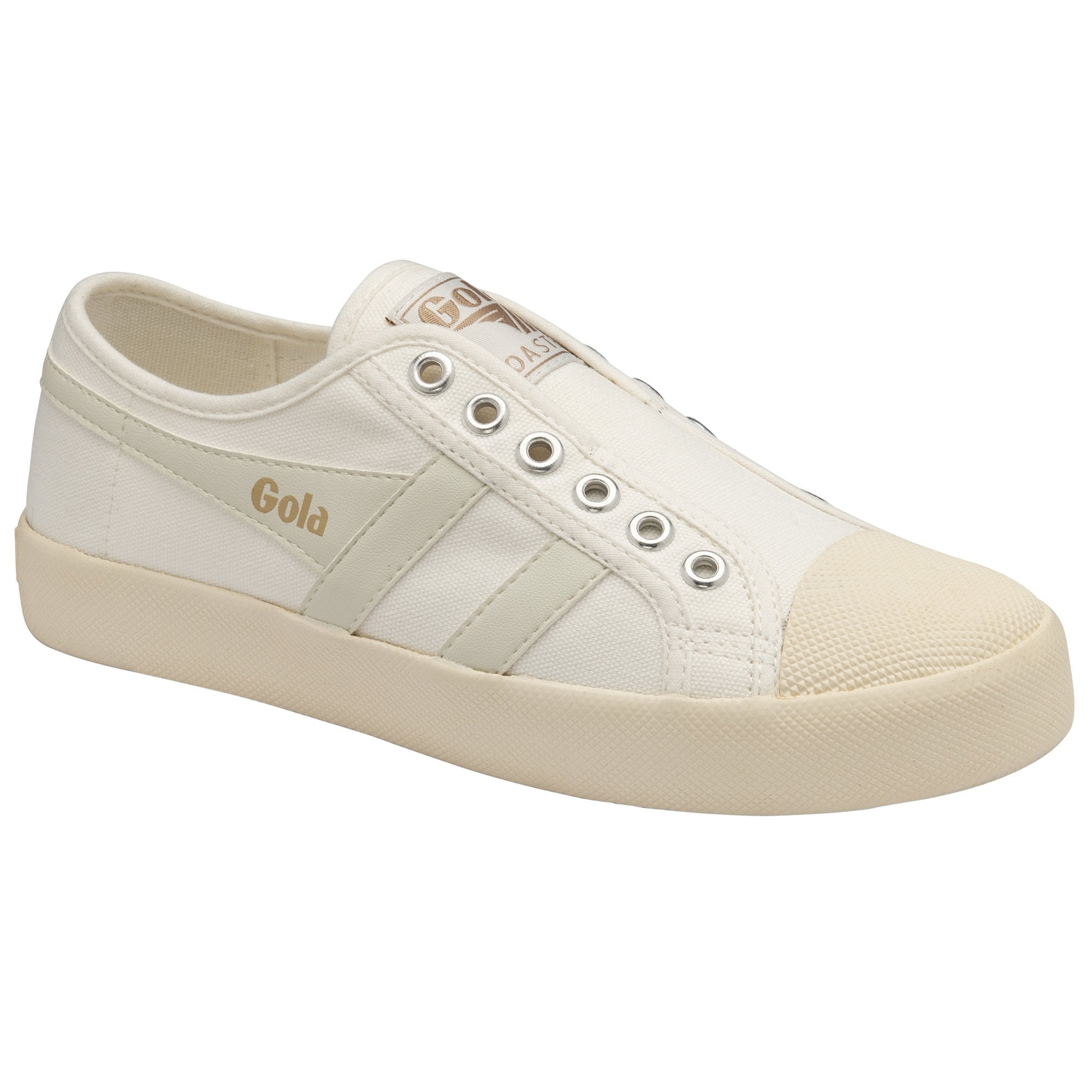 Front side view of a white Gola Coaster shoe, showcasing its classic look.