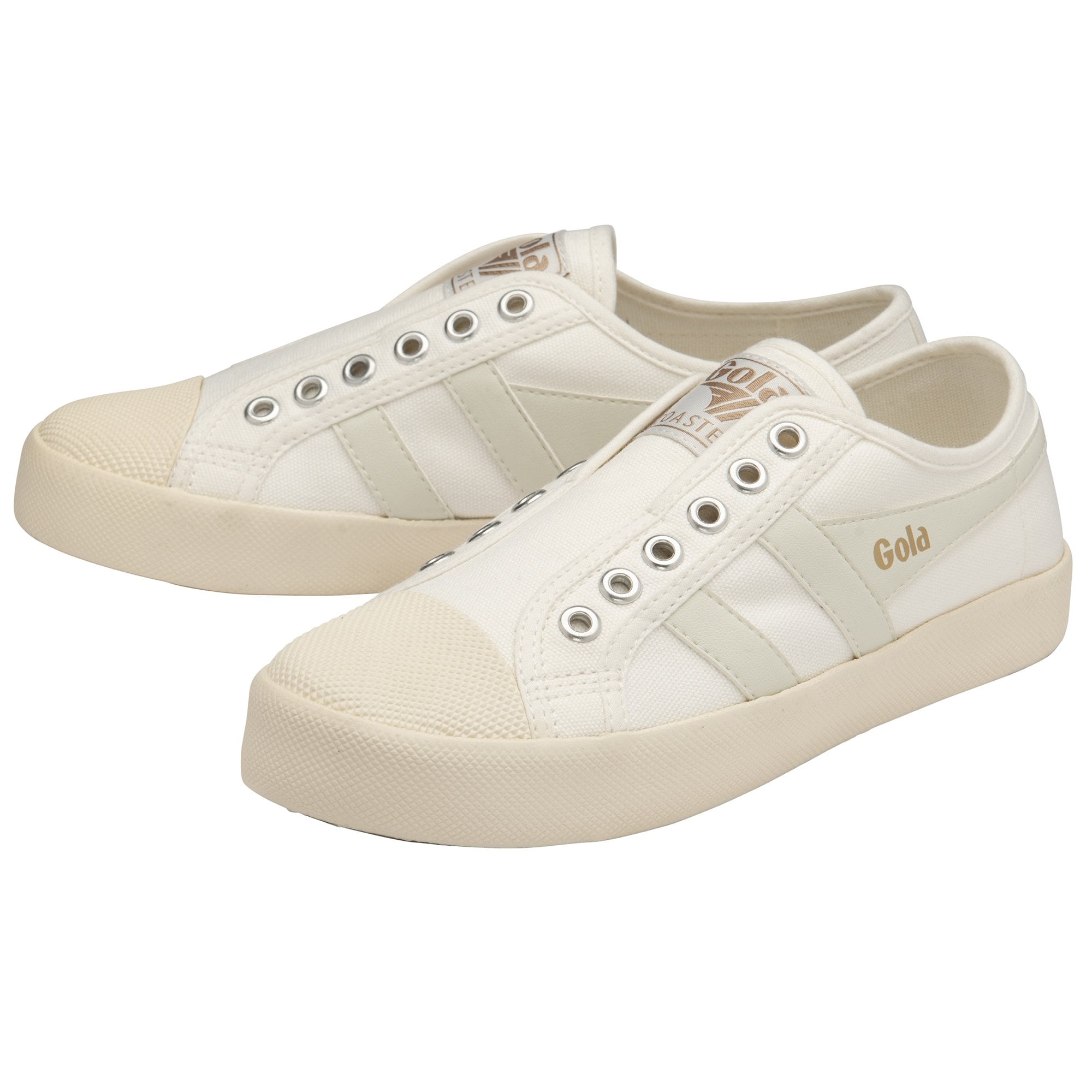 Pair of white Gola Coaster shoes side by side, emphasizing their clean design.